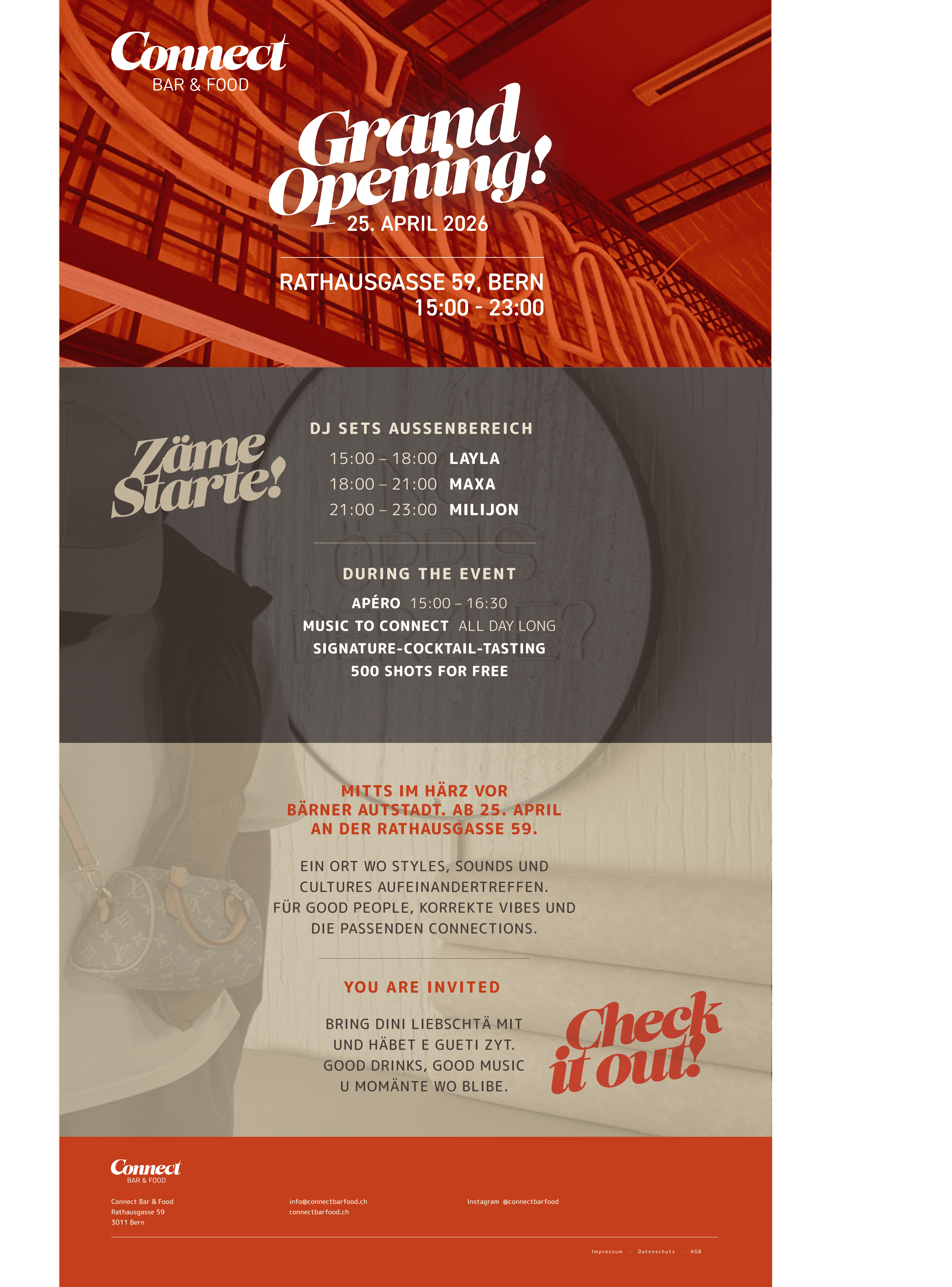 CONNECT Bar & Food — Grand Opening 25. April 2026 an der Rathausgasse 59, Bern.
