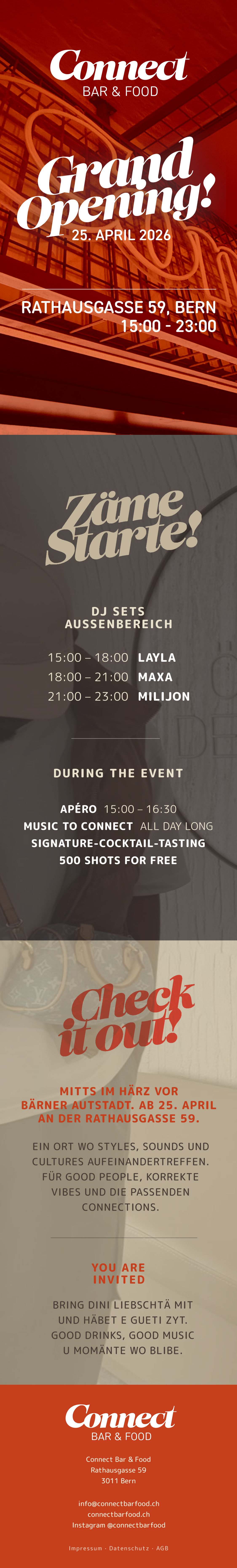 CONNECT Bar & Food — Grand Opening 25. April 2026 an der Rathausgasse 59, Bern.